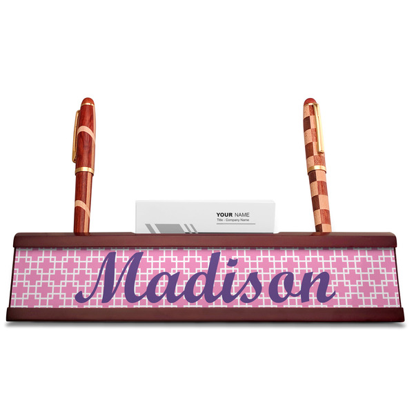 Linked Squares Red Mahogany Nameplates with Business Card Holder - Straight