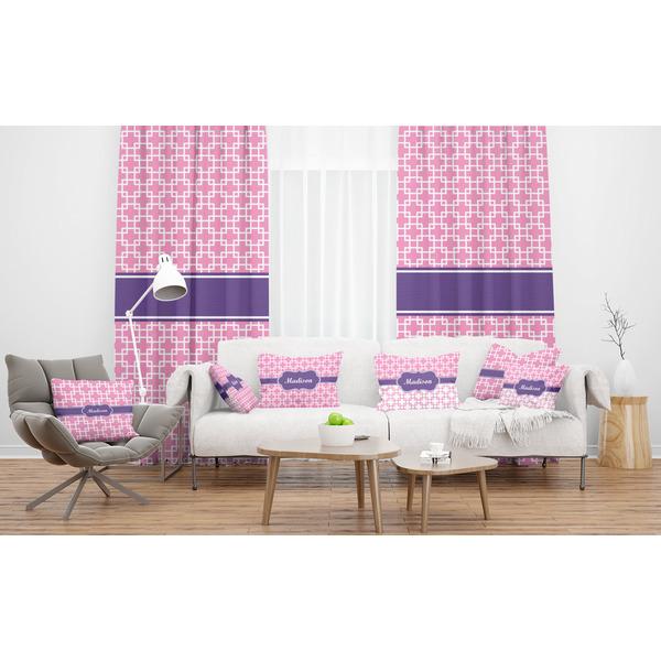Linked Squares Sheer and Custom Curtains in Room with Matching Pillows