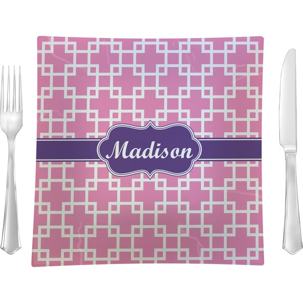 Custom Linked Squares 9.5" Glass Square Lunch / Dinner Plate- Single or Set of 4 (Personalized)