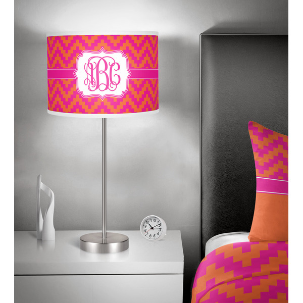 Pink & Orange Chevron 13 inch drum lamp shade - in room