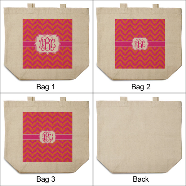 Pink & Orange Chevron 3 Reusable Cotton Grocery Bags - Front & Back View