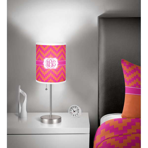 Pink & Orange Chevron 7 inch drum lamp shade - in room
