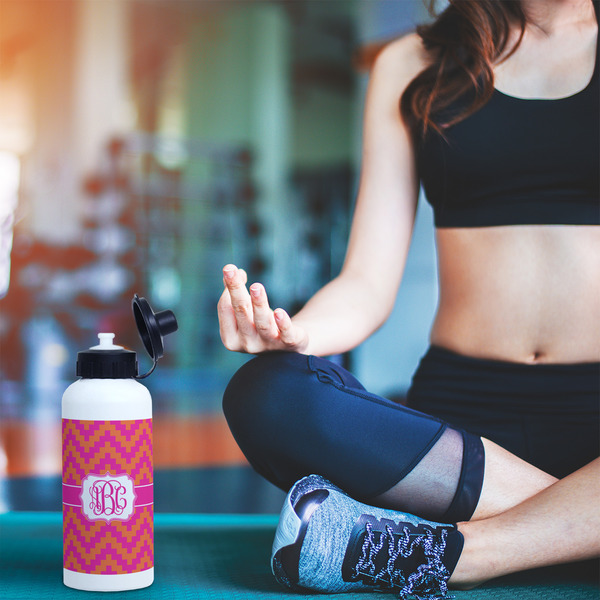 Pink & Orange Chevron Aluminum Water Bottle - White LIFESTYLE