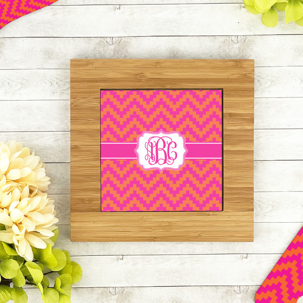 Pink & Orange Chevron Bamboo Trivet with 6" Tile - LIFESTYLE