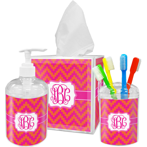 Pink & Orange Chevron Bathroom Accessories Set (Personalized)