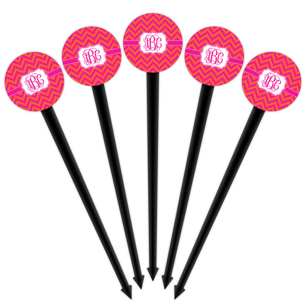 Pink & Orange Chevron Black Plastic 4" Food Pick - Round - Fan View