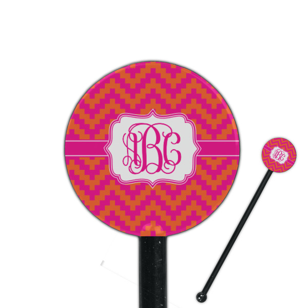 Custom Pink & Orange Chevron 5.5" Round Plastic Stir Sticks - Black - Single Sided (Personalized)