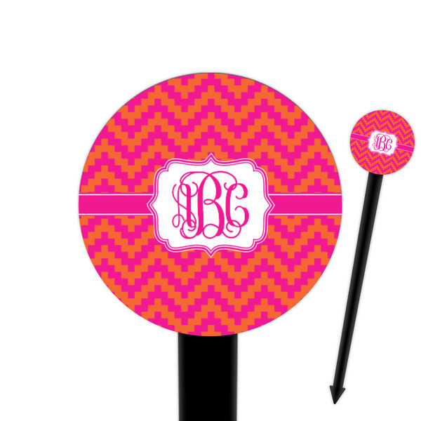 Custom Pink & Orange Chevron 6" Round Plastic Food Picks - Black - Double Sided (Personalized)