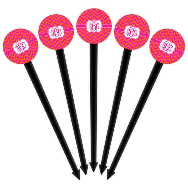 Pink & Orange Chevron Black Plastic 6" Food Pick - Round - Fan View