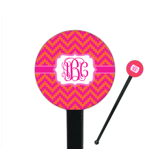 Custom Pink & Orange Chevron 7" Round Plastic Stir Sticks - Black - Single Sided (Personalized)