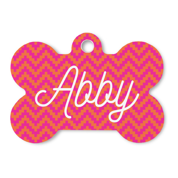 Custom Pink & Orange Chevron Bone Shaped Dog ID Tag (Personalized)