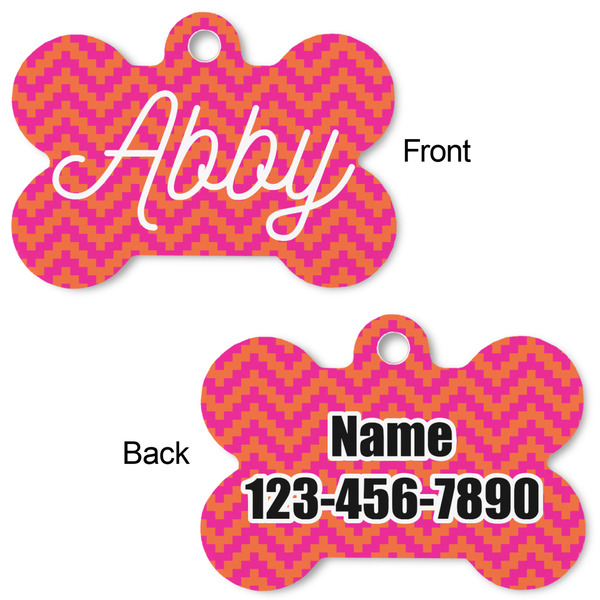 Pink & Orange Chevron Bone Shaped Dog Tag - Front & Back