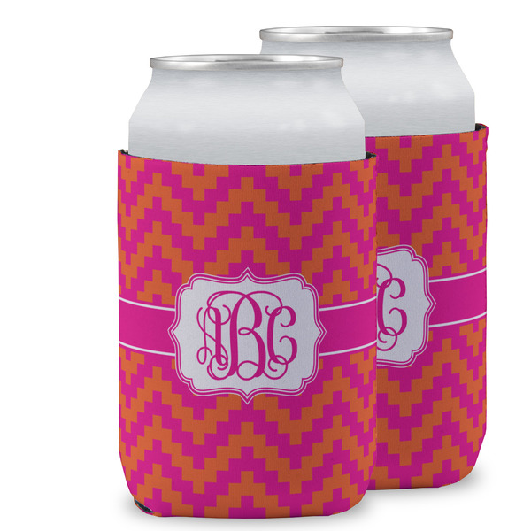 Custom Pink & Orange Chevron Can Cooler (12 oz) w/ Monogram