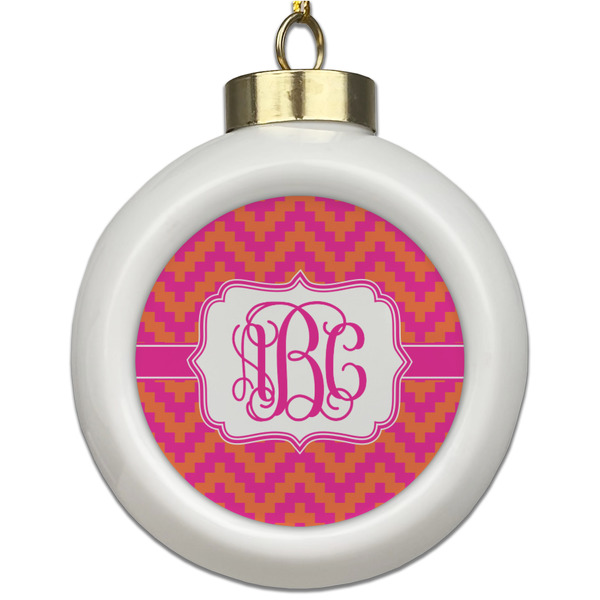 Custom Pink & Orange Chevron Ceramic Ball Ornament (Personalized)