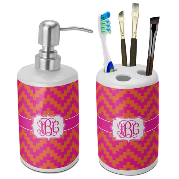 Custom Pink & Orange Chevron Ceramic Bathroom Accessories Set (Personalized)