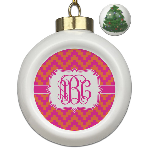 Custom Pink & Orange Chevron Ceramic Ball Ornament - Christmas Tree (Personalized)