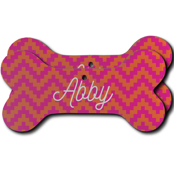 Custom Pink & Orange Chevron Ceramic Dog Ornament - Front & Back w/ Monogram