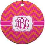 Pink & Orange Chevron Round Ceramic Ornament w/ Monogram