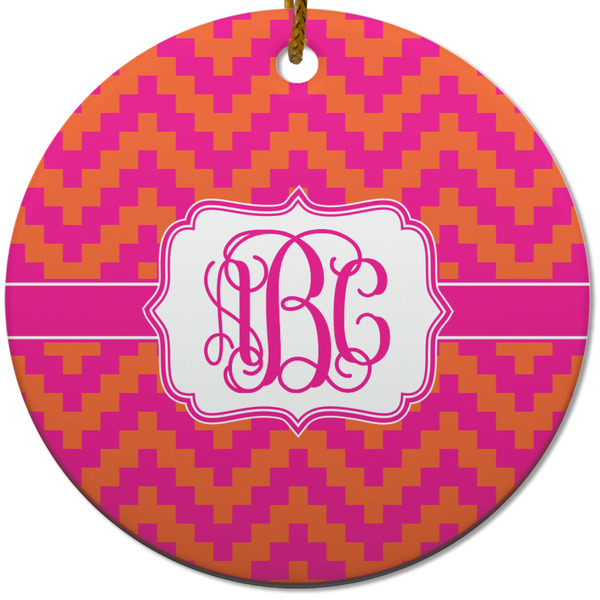 Pink & Orange Chevron Ceramic Flat Ornament - Circle (Front)