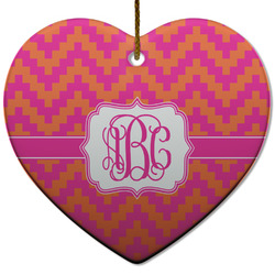 Pink & Orange Chevron Heart Ceramic Ornament w/ Monogram