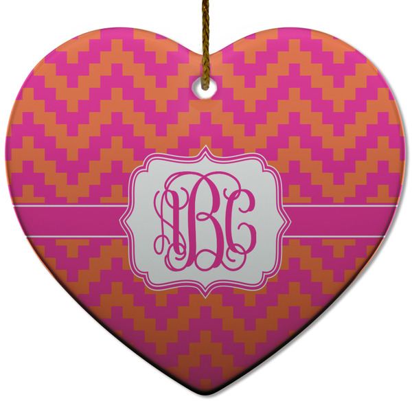 Custom Pink & Orange Chevron Heart Ceramic Ornament w/ Monogram