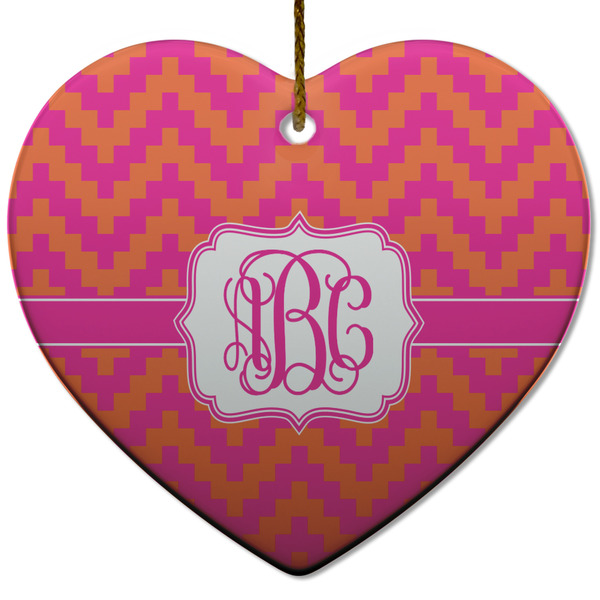 Pink & Orange Chevron Ceramic Flat Ornament - Heart (Front)