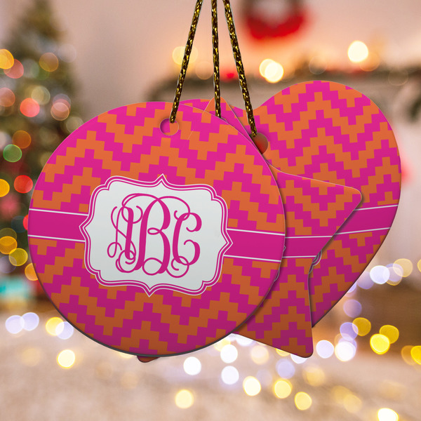 Custom Pink & Orange Chevron Ceramic Ornament w/ Monogram