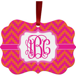 Pink & Orange Chevron Metal Frame Ornament - Double Sided w/ Monogram
