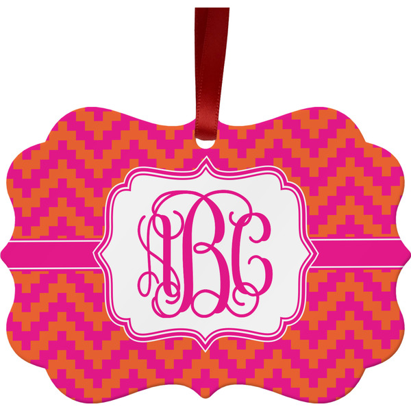 Custom Pink & Orange Chevron Metal Frame Ornament - Double Sided w/ Monogram