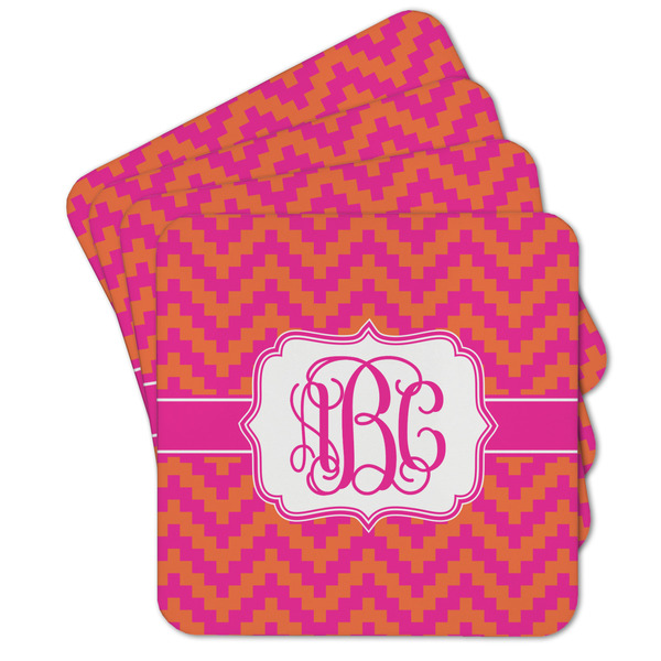 Custom Pink & Orange Chevron Cork Coaster - Set of 4 w/ Monogram