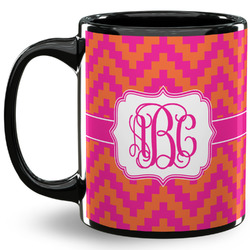 Pink & Orange Chevron 11 Oz Coffee Mug - Black (Personalized)