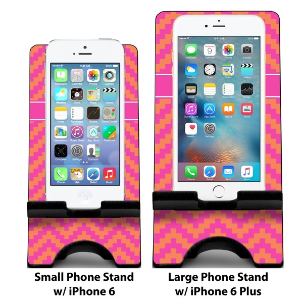 Pink & Orange Chevron Compare Phone Stand Sizes - with iPhones
