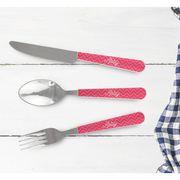 Pink & Orange Chevron Cutlery Set - w/ PLATE