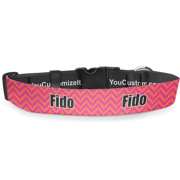 Custom Pink & Orange Chevron Deluxe Dog Collar - Double Extra Large (20.5" to 35") (Personalized)