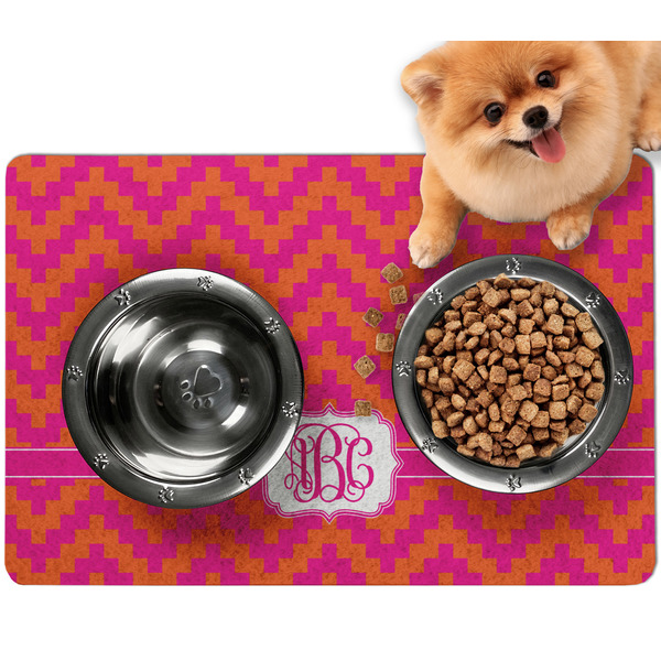 Custom Pink & Orange Chevron Dog Food Mat - Small w/ Monogram