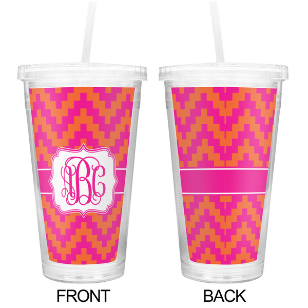 Pink & Orange Chevron Double Wall Tumbler with Straw - Approval