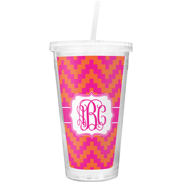 Custom Pink & Orange Chevron Double Wall Tumbler with Straw (Personalized)