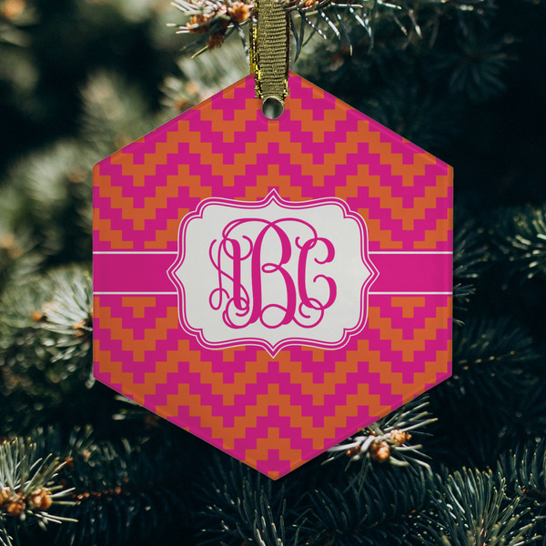 Pink & Orange Chevron Frosted Glass Ornament - Hexagon (Lifestyle)