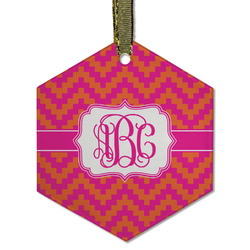 Pink & Orange Chevron Flat Glass Ornament - Hexagon w/ Monogram