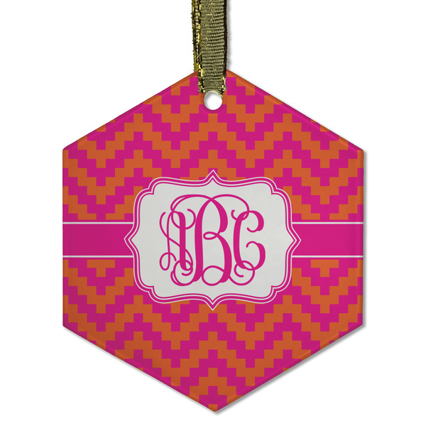 Pink & Orange Chevron Frosted Glass Ornament - Hexagon