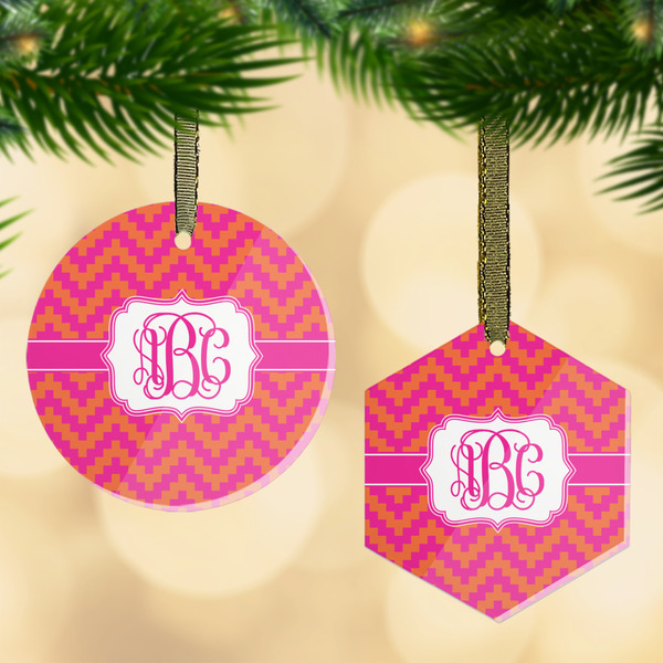 Custom Pink & Orange Chevron Flat Glass Ornament w/ Monogram