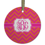 Pink & Orange Chevron Flat Glass Ornament - Round w/ Monogram