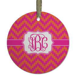 Pink & Orange Chevron Flat Glass Ornament - Round w/ Monogram