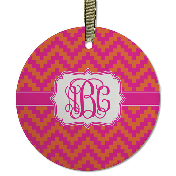 Custom Pink & Orange Chevron Flat Glass Ornament - Round w/ Monogram