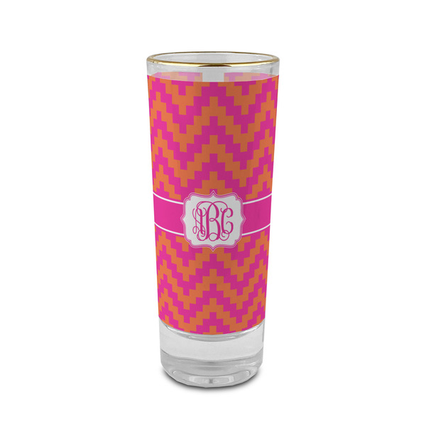 Custom Pink & Orange Chevron 2 oz Shot Glass -  Glass with Gold Rim - Single (Personalized)