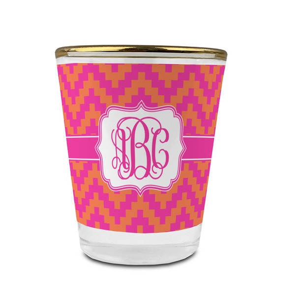 Pink & Orange Chevron Glass Shot Glass - With gold rim - FRONT