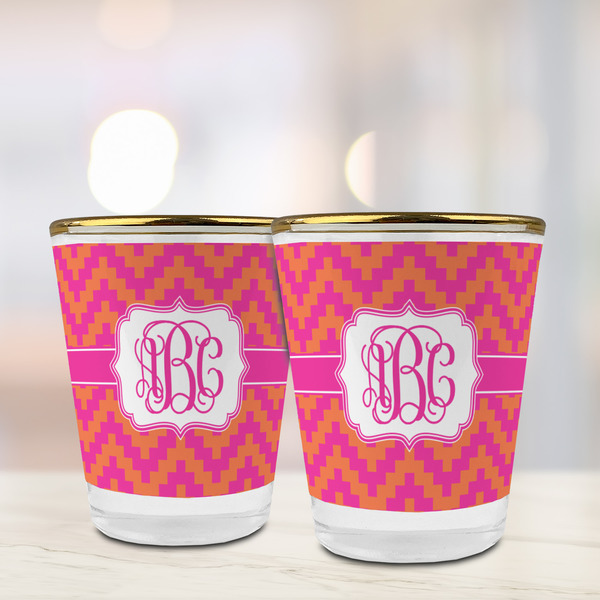 Pink & Orange Chevron Glass Shot Glass - with gold rim - LIFESTYLE
