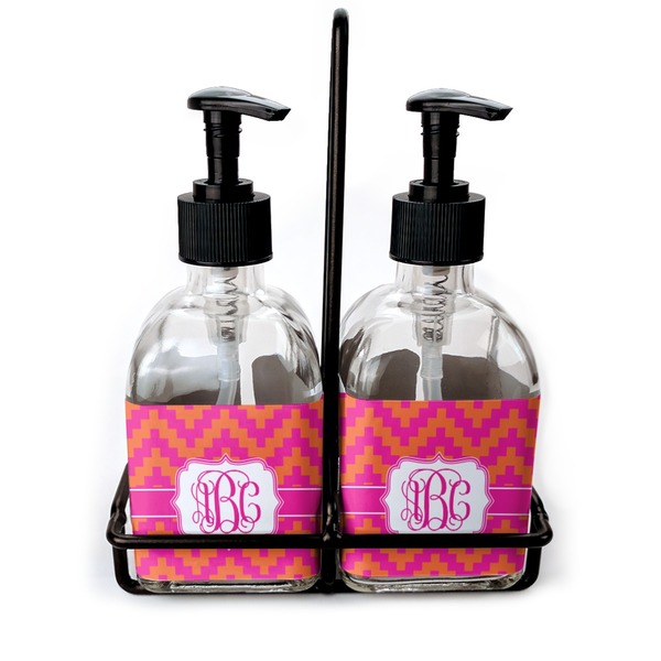 Custom Pink & Orange Chevron Glass Soap & Lotion Bottle Set (Personalized)