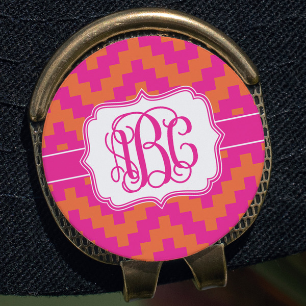Pink & Orange Chevron Golf Ball Marker Hat Clip - Gold - Close Up