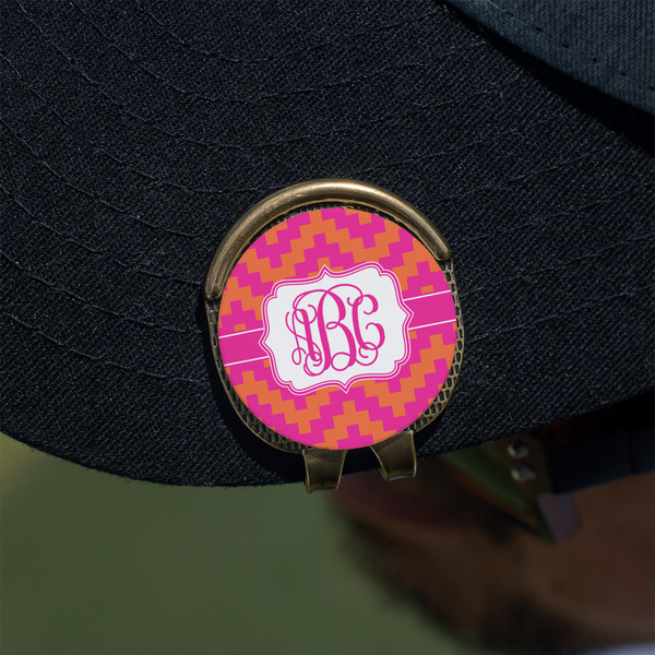 Pink & Orange Chevron Golf Ball Marker Hat Clip - Gold - On Hat